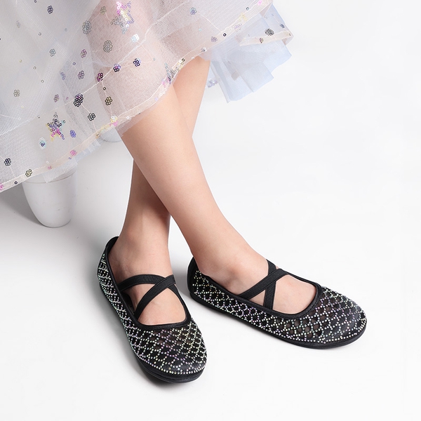 Girls Mesh Rhinestone Ballet Flats - BLACK - 1